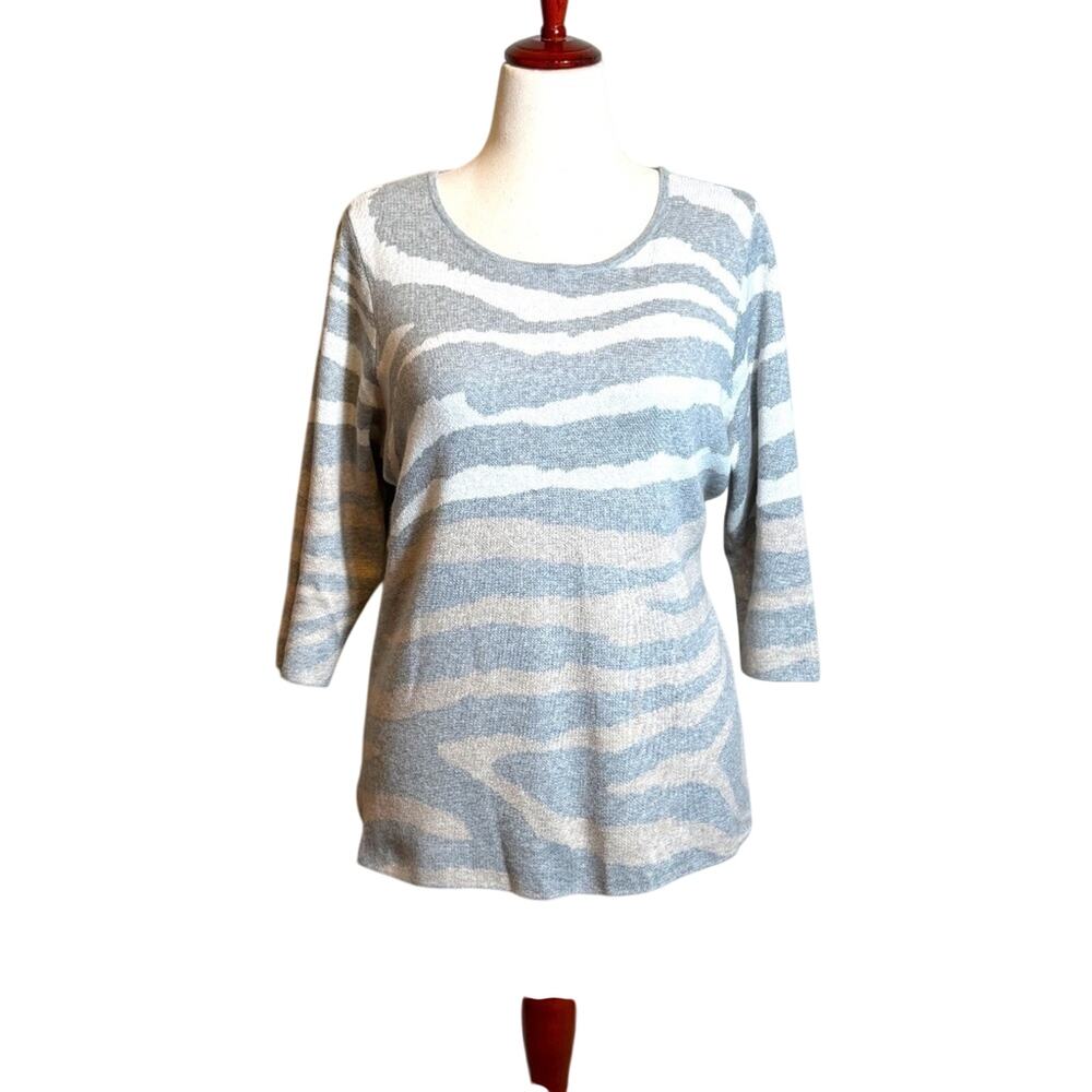 Chico's sweater gray tan cream white zebra print 3/4 sleeve pull on Sz 2 US L